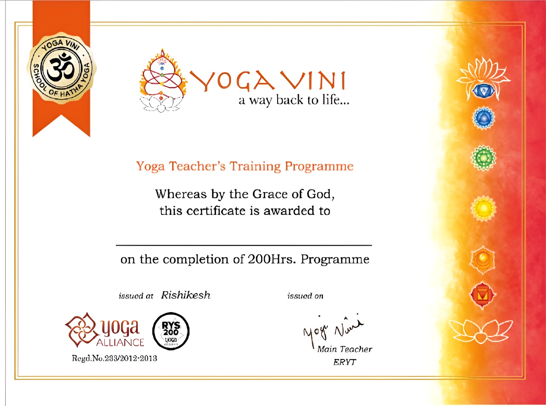 Yoga Vini RYS 200