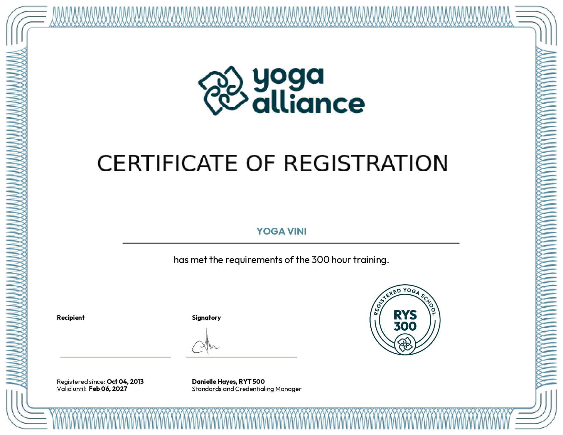 Yoga Vini RYS 300